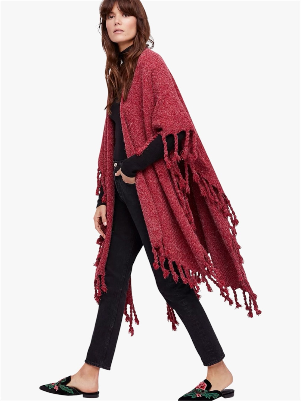 Free People Berry Honey Bear Fringe Kimono